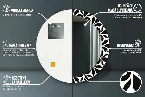 Kerek tükör nyomtatott kerettel Fekete geometrikus dísz