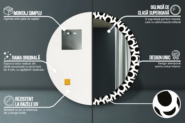 Kerek tükör nyomtatott kerettel Fekete geometrikus dísz