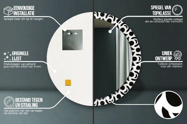 Kerek tükör nyomtatott kerettel Fekete geometrikus dísz