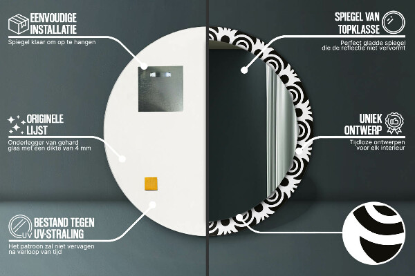 Kerek tükör nyomtatott kerettel Fekete geometrikus dísz