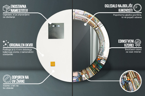 Kerek tükör keret nyomtatással Absztrakt ólomüveg