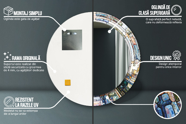 Kerek tükör keret nyomtatással Absztrakt ólomüveg