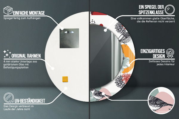 Kerek tükör nyomtatott kerettel Absztrakció madarakkal