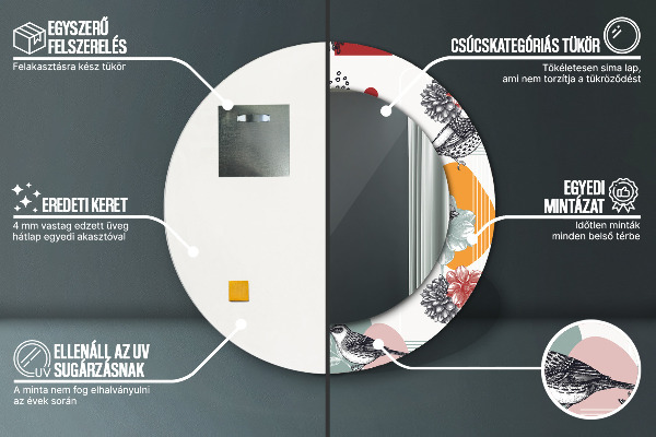 Kerek tükör nyomtatott kerettel Absztrakció madarakkal