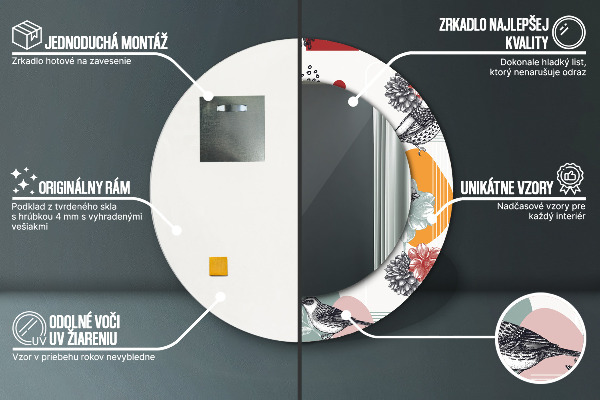 Kerek tükör nyomtatott kerettel Absztrakció madarakkal