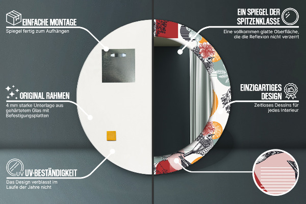 Kerek tükör nyomtatott kerettel Absztrakció madarakkal