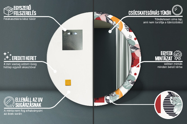 Kerek tükör nyomtatott kerettel Absztrakció madarakkal