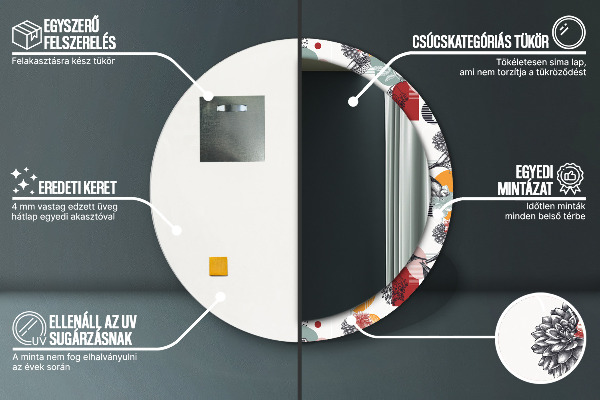 Kerek tükör nyomtatott kerettel Absztrakció madarakkal