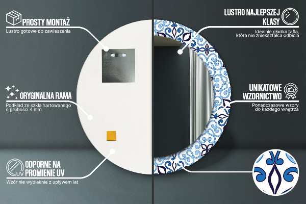 Kerek tükör keret nyomtatással Kék arab mintás