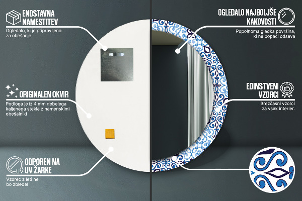 Kerek tükör keret nyomtatással Kék arab mintás