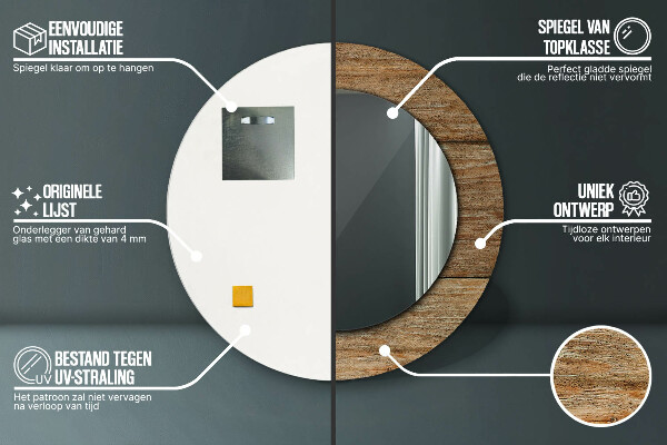 Kerek tükör keret nyomtatással Régi fa