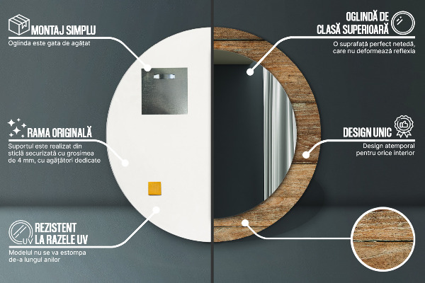 Kerek tükör keret nyomtatással Régi fa