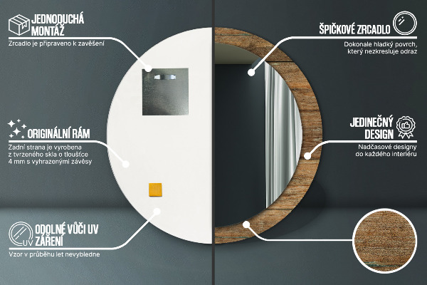 Kerek tükör keret nyomtatással Régi fa