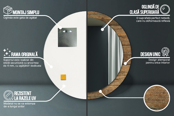 Kerek tükör keret nyomtatással Régi fa