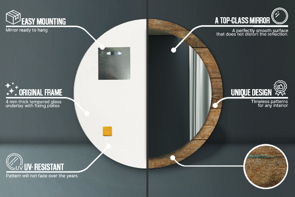 Kerek tükör keret nyomtatással Régi fa