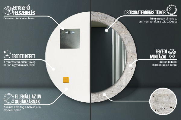 Kerek tükör keret nyomtatással Szürke beton