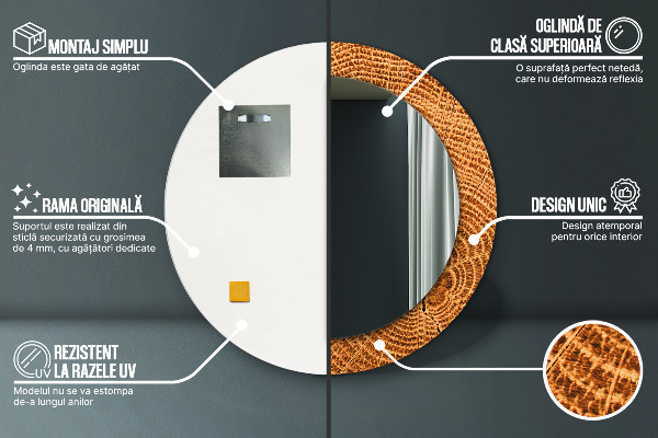 Kerek tükör keret nyomtatással tölgyfa