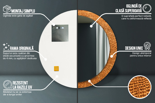 Kerek tükör keret nyomtatással tölgyfa