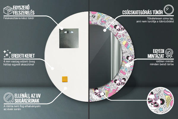 Kerek díszes tükör Unikornis panda