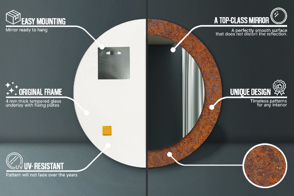 Kerek tükör keret nyomtatással Rozsdás fém