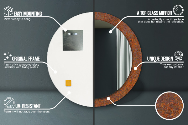 Kerek tükör keret nyomtatással Rozsdás fém