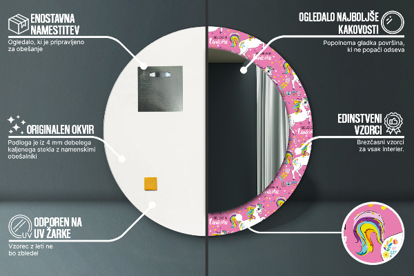 Kerek tükör keret nyomtatással Mágikus unikornis