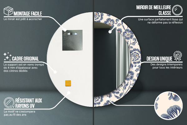 Kerek tükör keret nyomtatással Virág minta