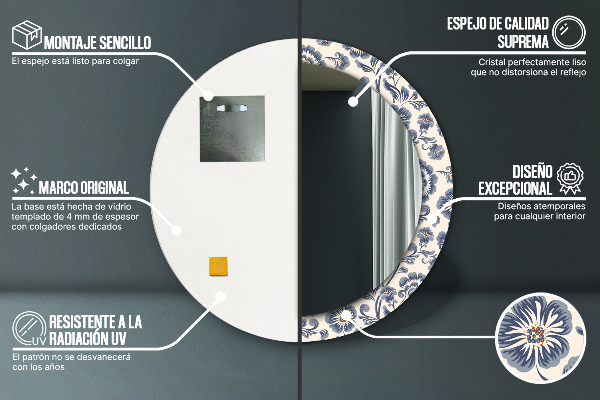 Kerek tükör keret nyomtatással Virág minta