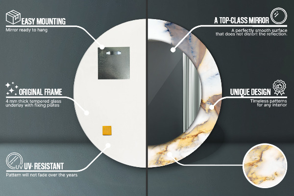 Kerek tükör keret nyomtatással Fehér márvány