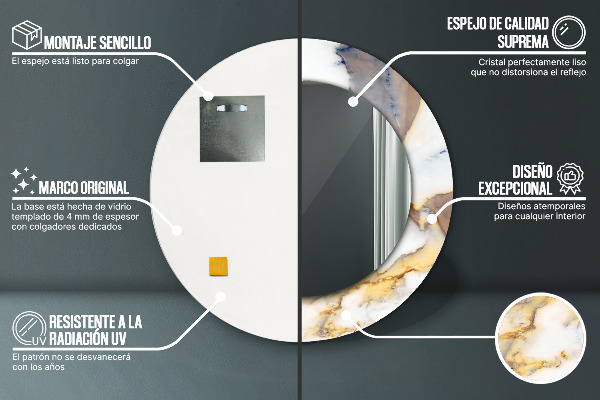 Kerek tükör keret nyomtatással Fehér márvány