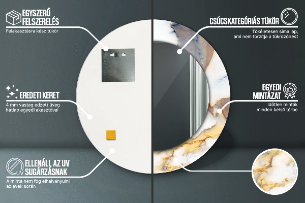 Kerek tükör keret nyomtatással Fehér márvány