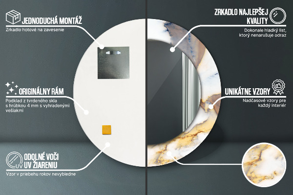 Kerek tükör keret nyomtatással Fehér márvány