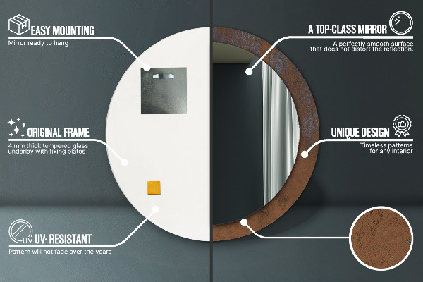 Kerek tükör nyomtatott kerettel Fémes rusztikus