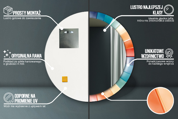 Kerek tükör díszítéssel Radiális koncentrikus csíkok