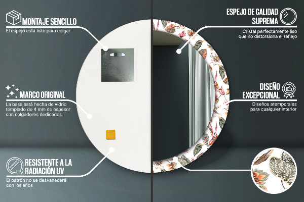 Kerek tükör keret nyomtatással Vintage virágok