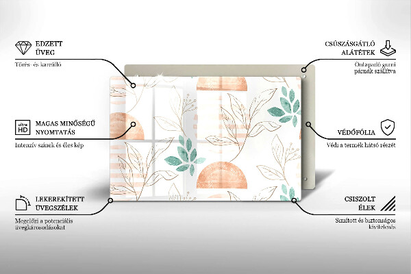 Tűzhelyvédő üveglap Boho levelek minta