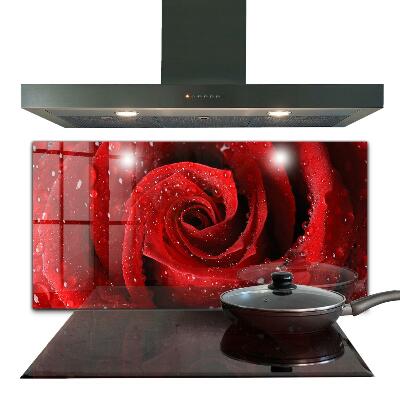 Konyhai fali panel Harmatcseppek egy vörös rózsán