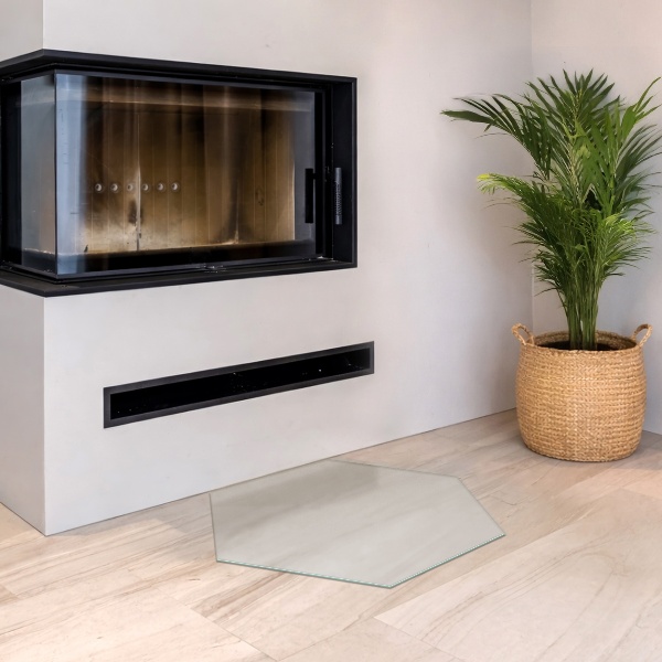 Hatszögletű áttetsző kandalló alátét üveg h40 cm