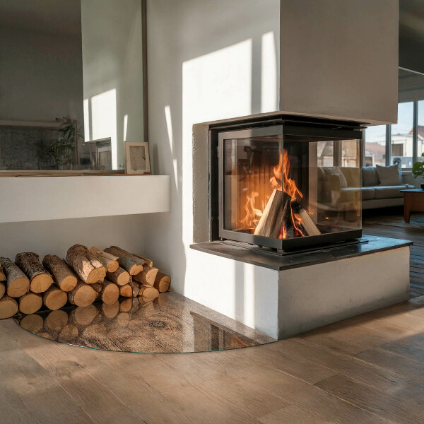 Negyedkör alakú üveg kandalló alátét Természetes fa minta