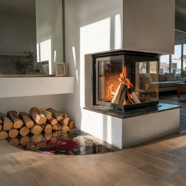 Negyedkör alakú üveg kandalló alátét Virágcsokor részletesen