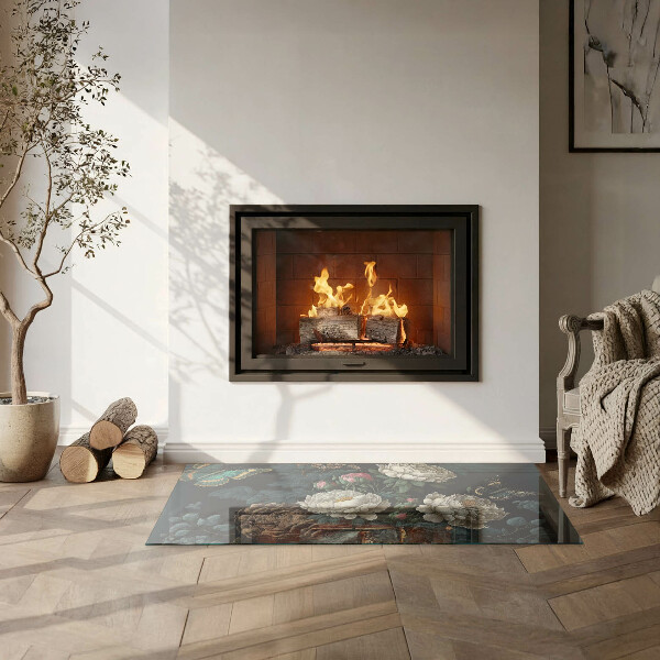 Téglalap alakú kandalló alátét Virágminta pillangókkal