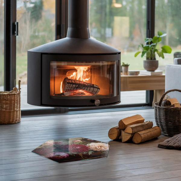 Hatszög alakú üveg kandalló alátét Virágcsokor részletesen