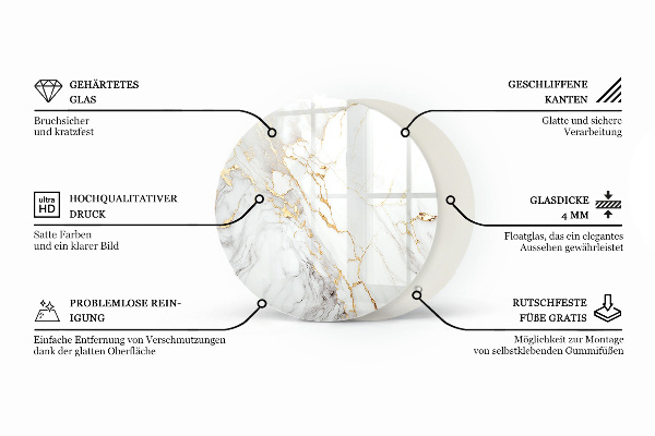 Kerek üveglap nyomattal Márvány erezet stílusban