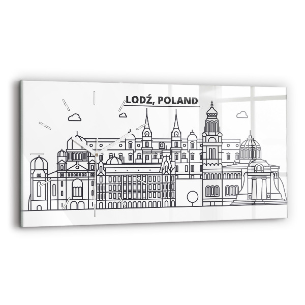 Vízszintes üvegóra Lodz építészeti panorámája