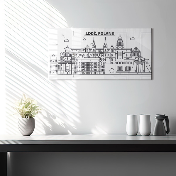 Vízszintes üvegóra Lodz építészeti panorámája