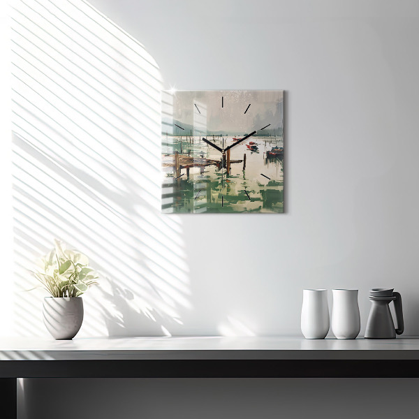 Szögletes fali üvegóra Halászhajók a kikötőben