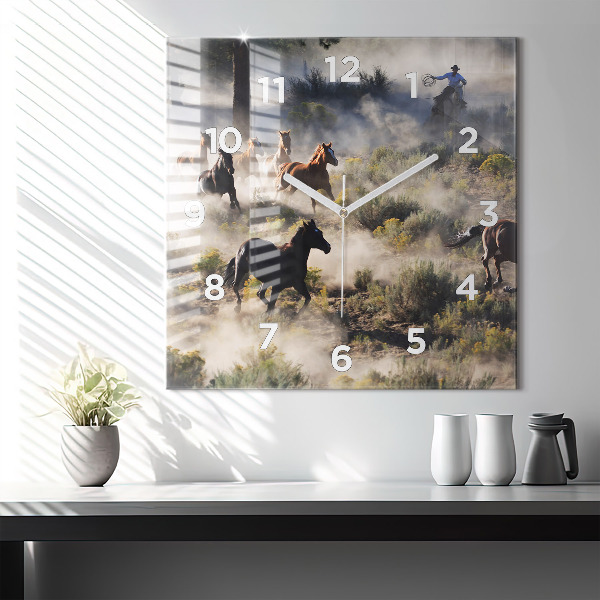 Szögletes fali üvegóra Rohanó lovak csordája
