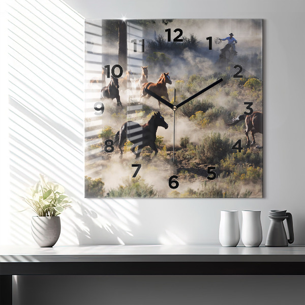Szögletes fali üvegóra Rohanó lovak csordája
