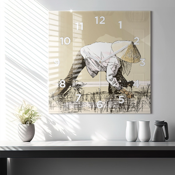 Szögletes fali üvegóra Nő rizst szed