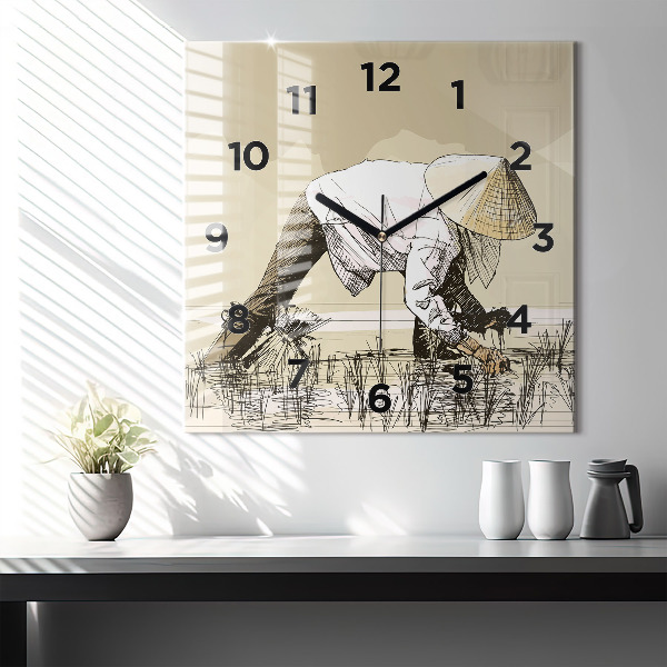 Szögletes fali üvegóra Nő rizst szed